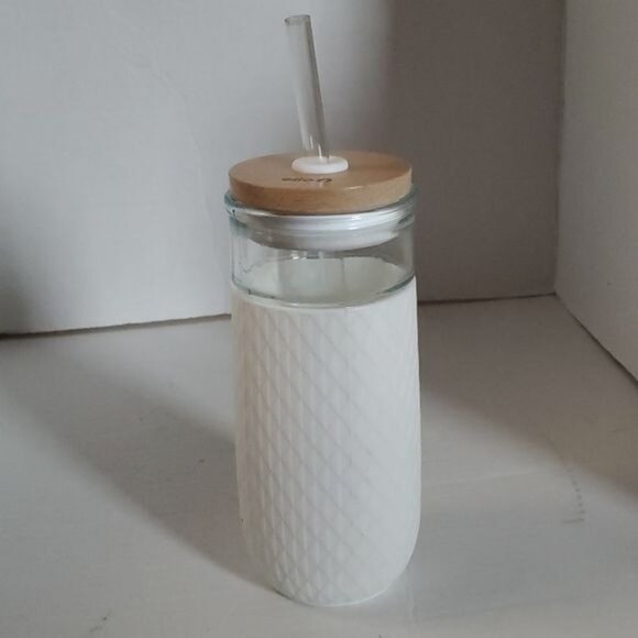 Ello Devon Glass Container Tumbler White Silicone Sleeve Wooden Lid Straw 18 OZ - Picture 12 of 15